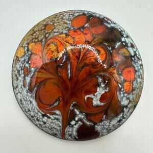 Inga vintage artisan fiery red orange white enamel round circular disc brooch